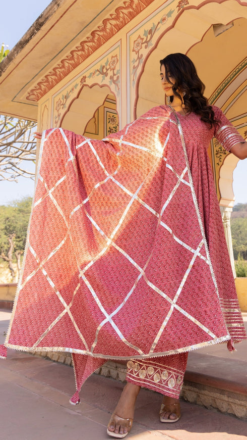 Pomcha Jaipur Rosewood Booti Gotta Jaal Cotton Anarkali Set With Jaal Work Dupatta